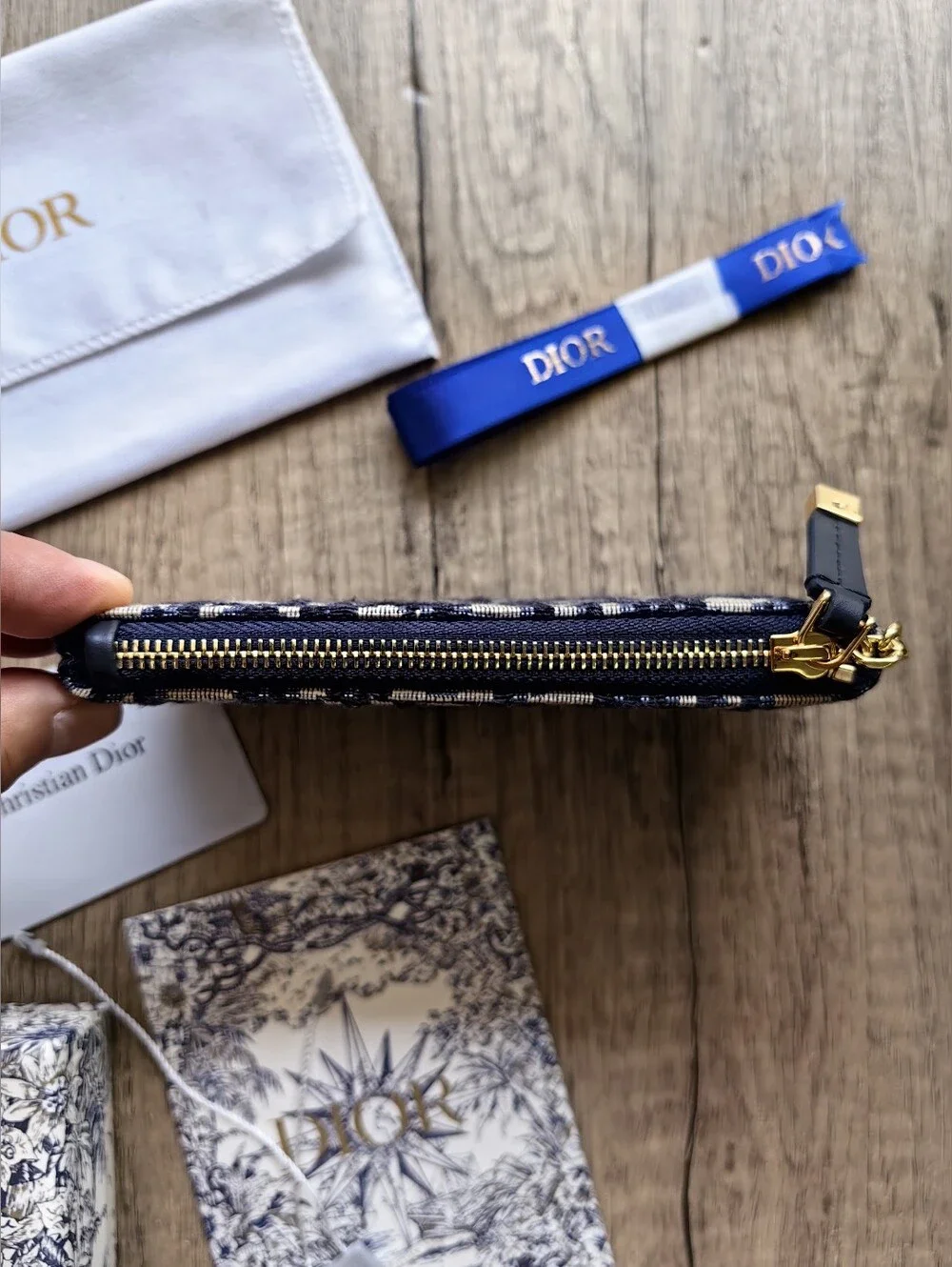 Dior Navy Blue and Cream Oblique Canvas Card Pouch with Gold Hardware